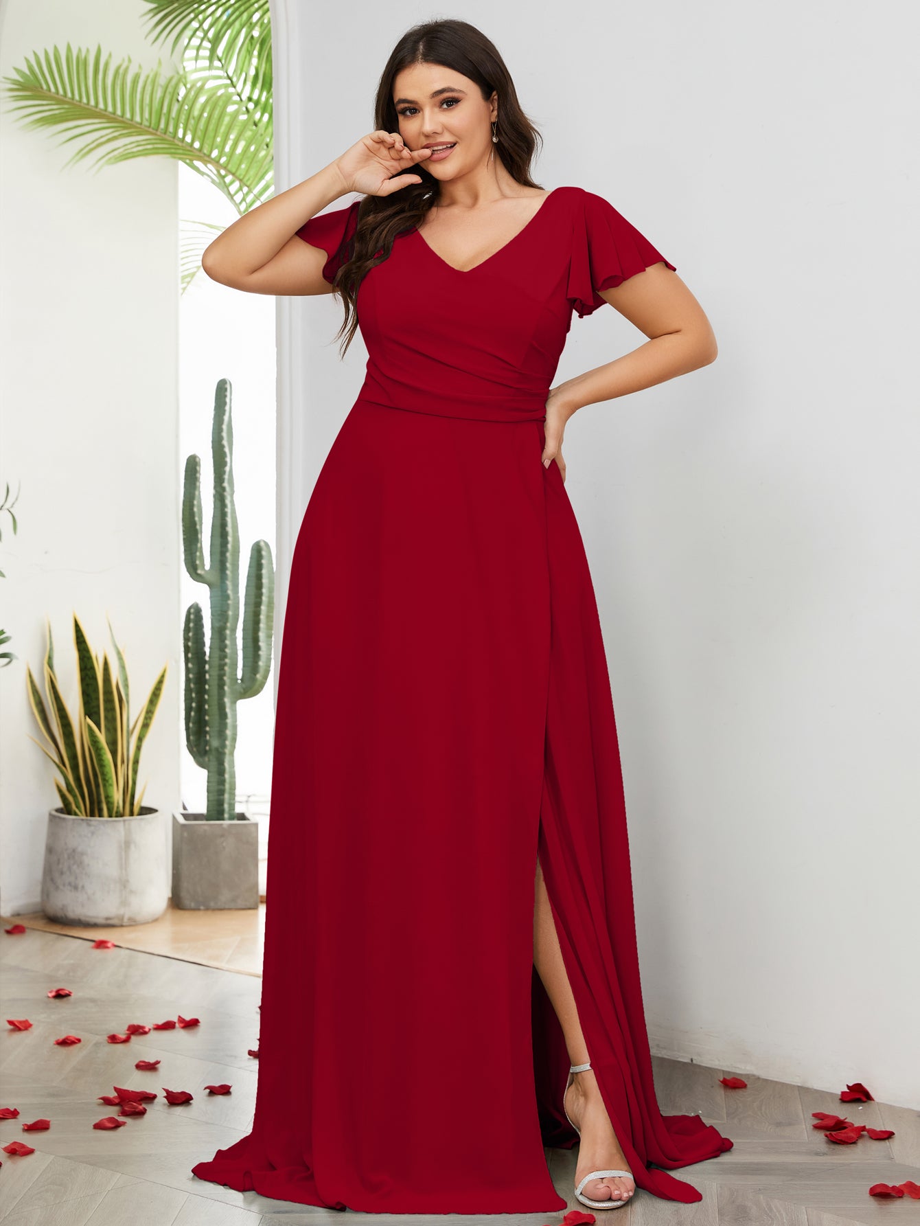 Women Plus Size V-neck Chiffon Split Thigh Ruffle Sleeve Bridesmaid Dr –  DolphinBanana