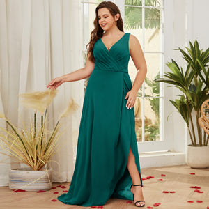 Women Plus Size V-neck Chiffon Split High Low Bridesmaid Dresses   DolphinBanana
