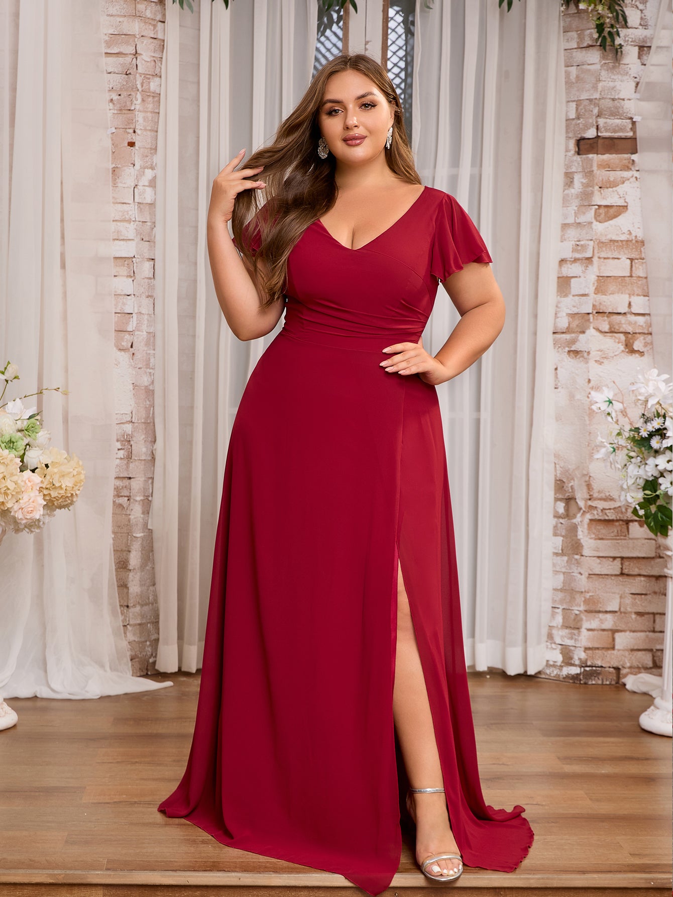 Elegant Red Formal Dress Plus Size Simple V-Neck Ruffled Sleeves Plus Size Chiffon Bridesmaid Dress Elegant Red Formal Dress Plus Size Simple V-Neck Ruffled Sleeves Plus Size Chiffon Bridesmaid Dress