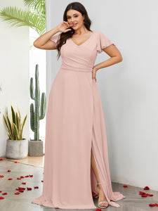 Women Plus Size V-neck Chiffon Split Thigh Ruffle Sleeve Bridesmaid Dr –  DolphinBanana