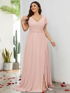 Women Plus Size V-neck Chiffon Split Thigh Ruffle Sleeve Bridesmaid Dr –  DolphinBanana