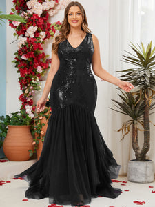 Women Plus Size V-neck Sequins Tulle Formal Evening Party Dress Maxi Floor  Length  DolphinBanana