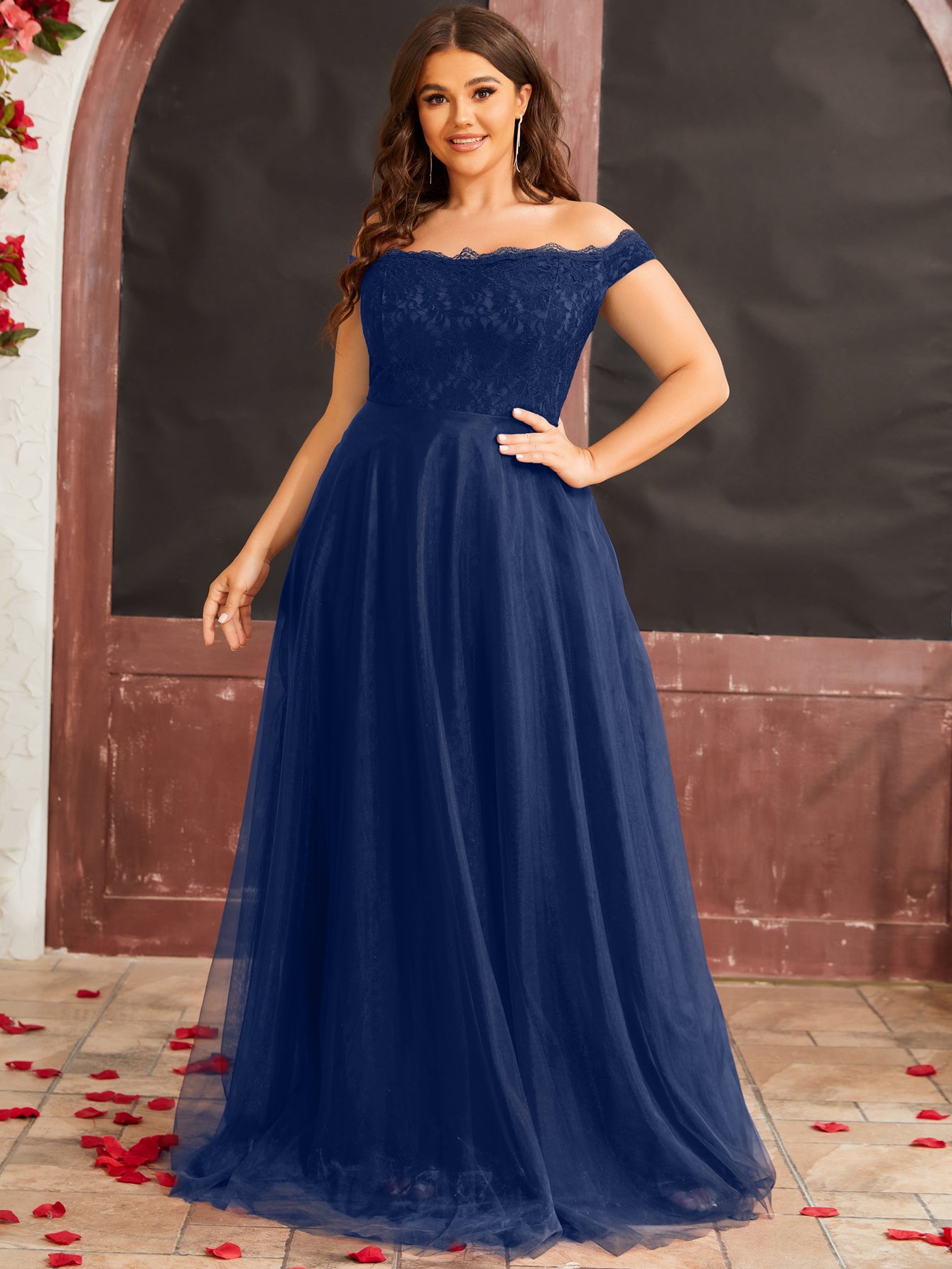 off the shoulder plus size prom dresses Women Plus Size Off Shoulder Floral Lace Mesh Hem Formal Prom Dresses –  DolphinBanana