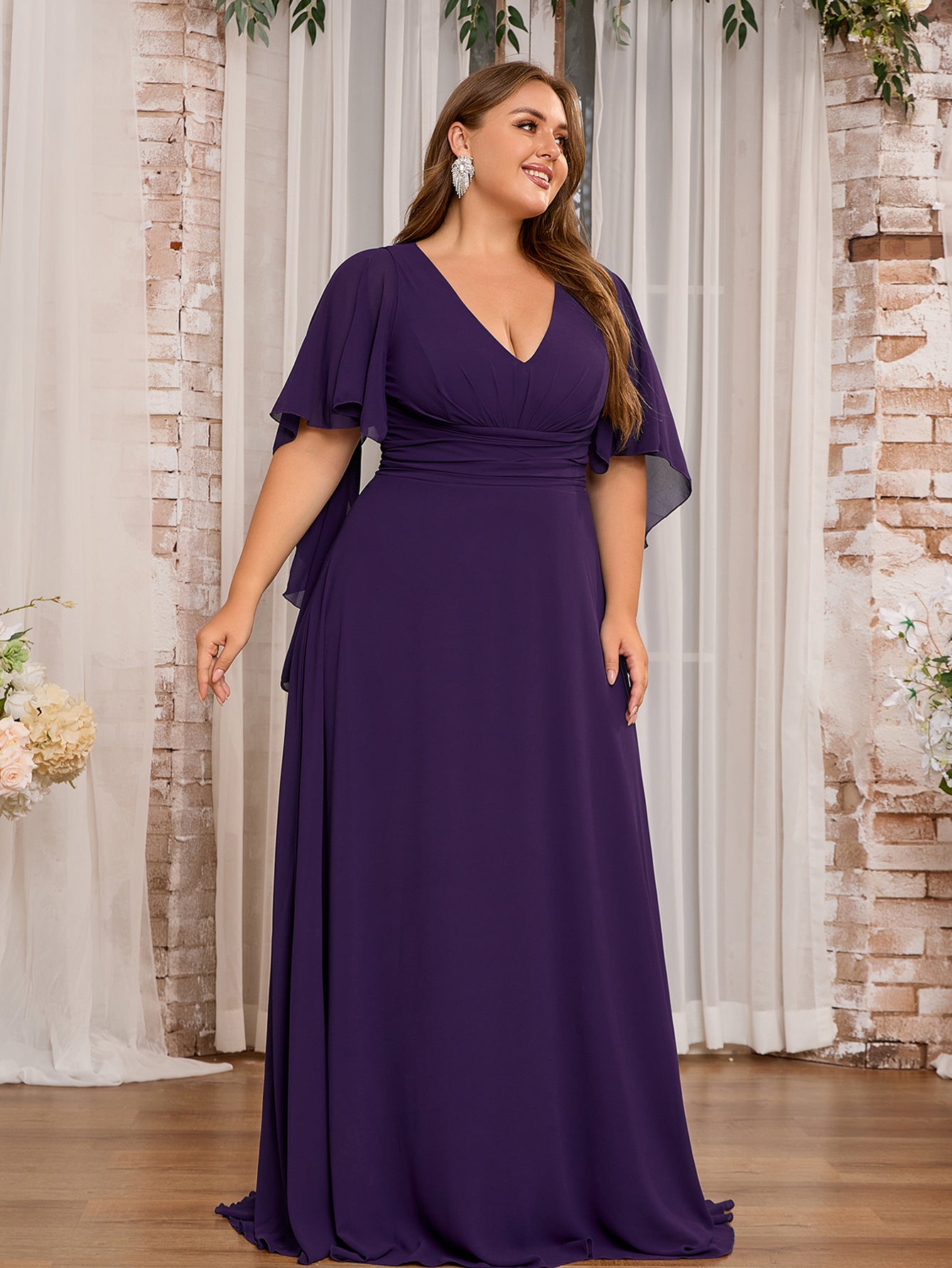 Women Plus Size Elegant V-neck Ruffle Bridesmaid Dresses Mother of Bri – DolphinBanana