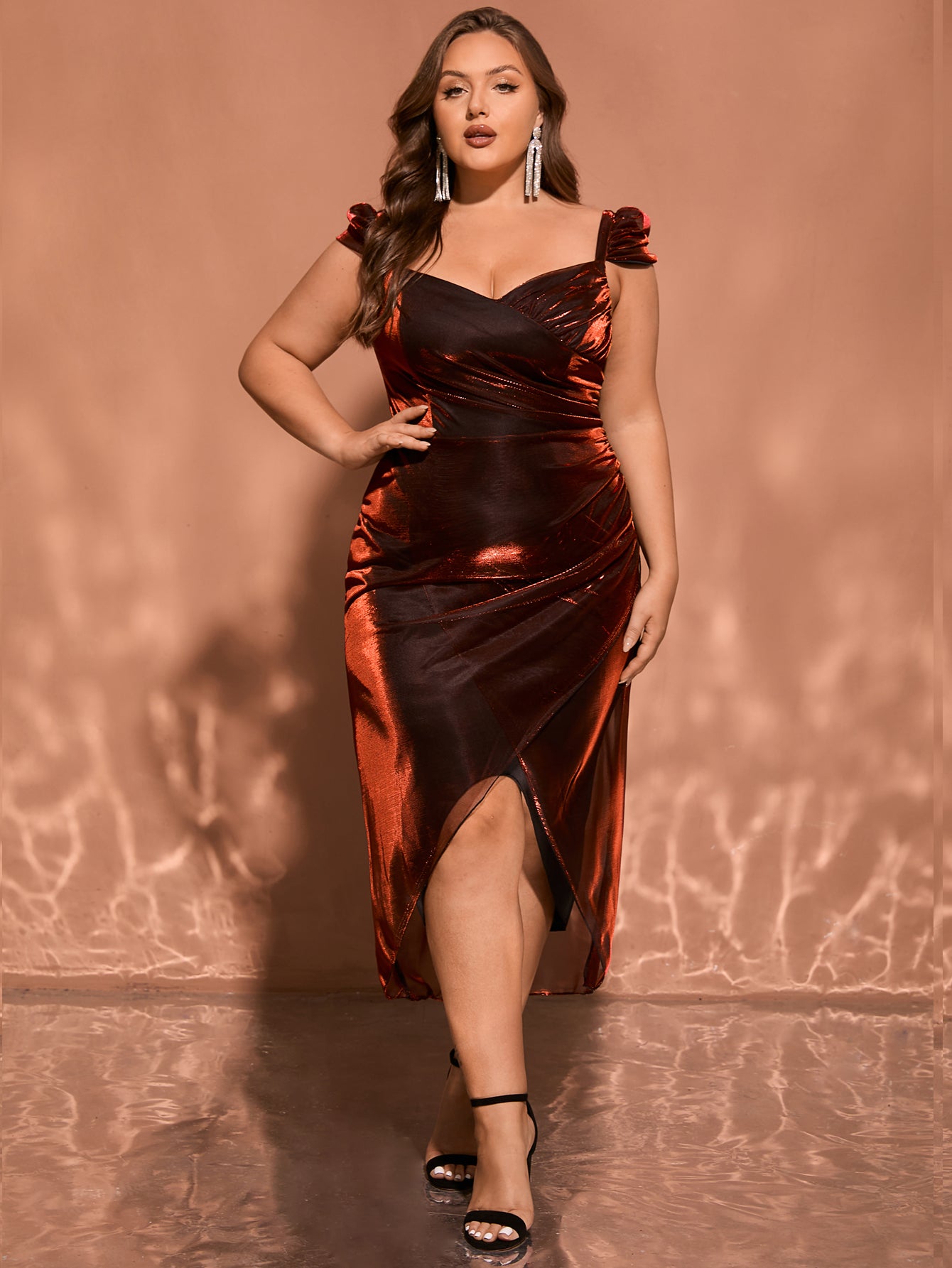 Women Plus Size V-neck Shinning Evening Dress Tea Length Semi-Formal   DolphinBanana