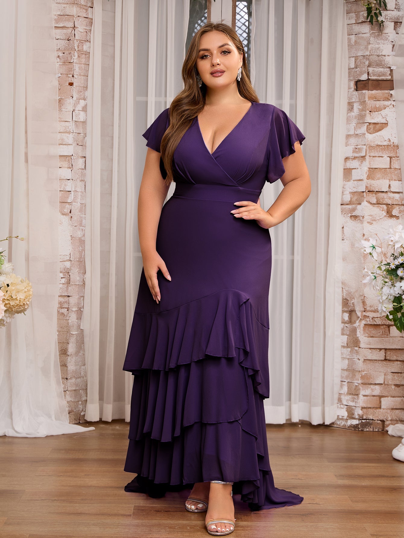 Women Plus Size Elegant V-neck Ruffle Bridesmaid Dresses Mother of Bri – DolphinBanana
