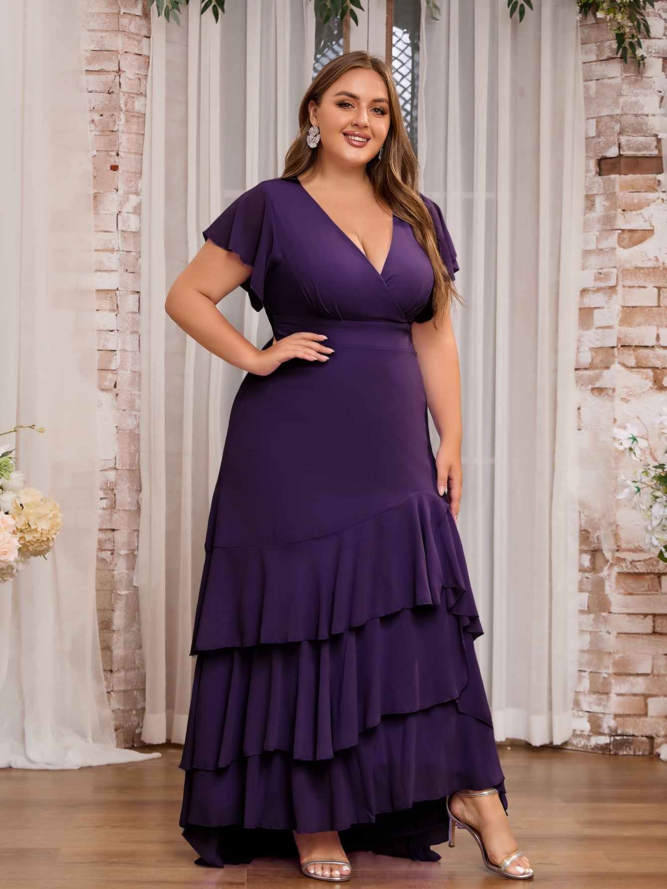 Women Plus Size Elegant V-neck Ruffle Bridesmaid Dresses Mother of Bri –  DolphinBanana