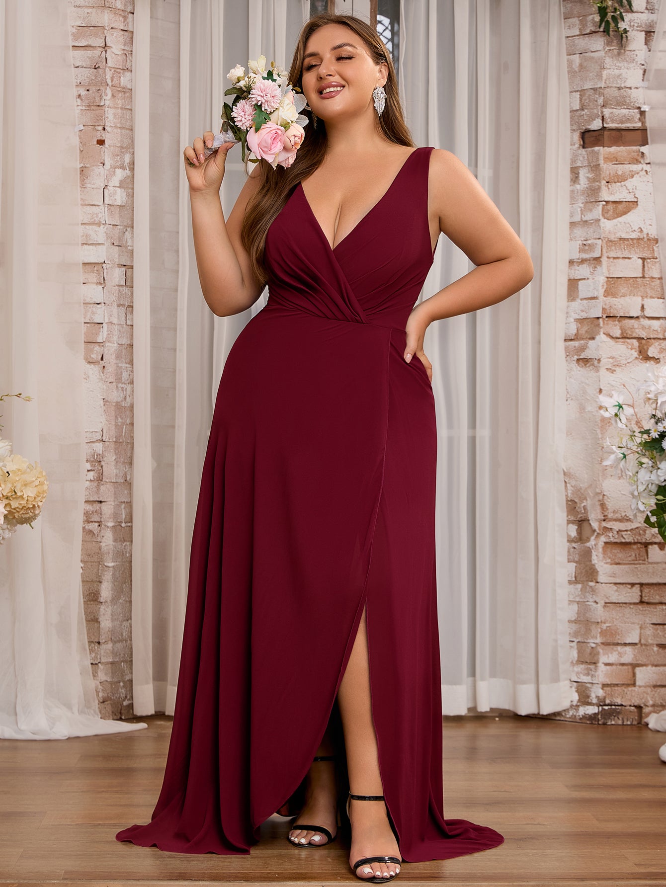 Women Plus Size Elegant V-neck Split Aline Ham Chiffon Bridesmaid Dres – DolphinBanana