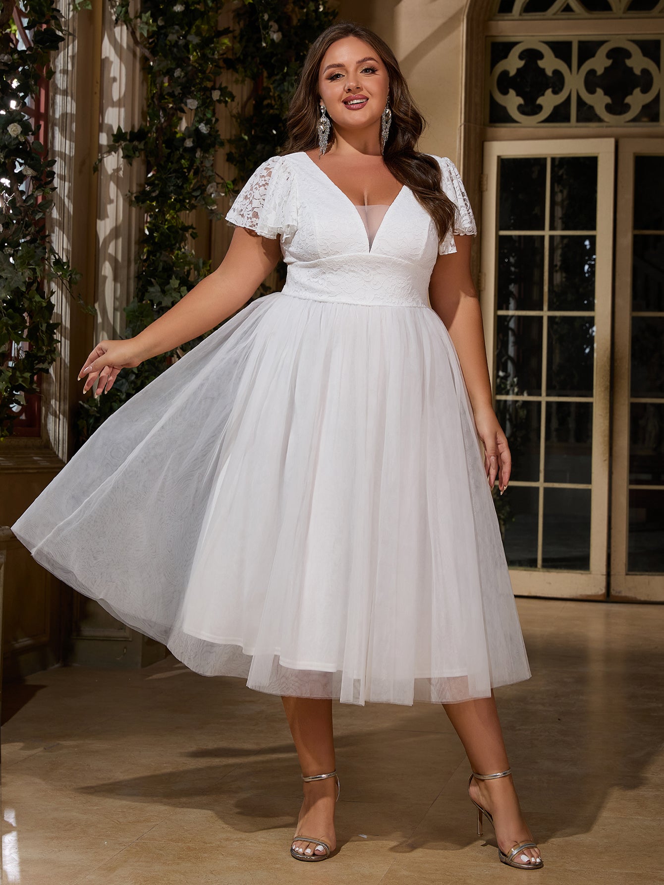 open lace back dress Women Plus Size Ruffle Sleeve V-neck Cocktail Party Dresses for Bridal –  DolphinBanana