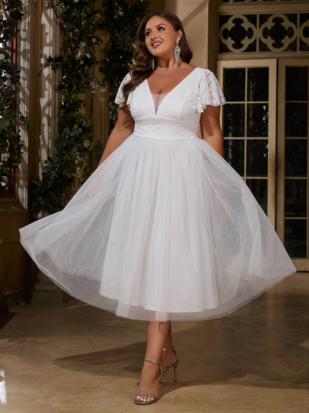 Women Plus Size Ruffle Sleeve V-neck Cocktail Party Dresses for Bridal – DolphinBanana