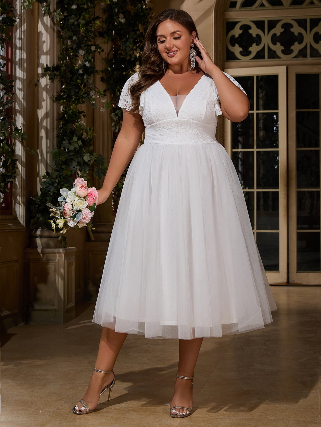 Women Plus Size Ruffle Sleeve V-neck Cocktail Party Dresses for Bridal –  DolphinBanana