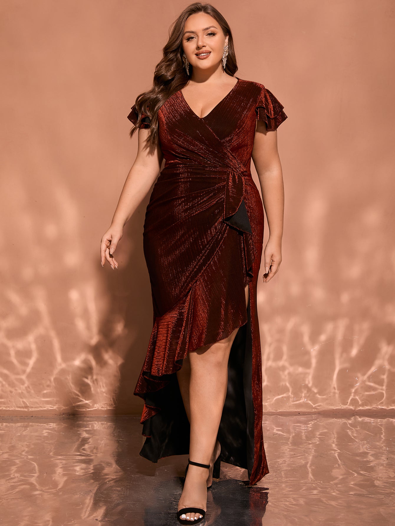 Women Plus Size V-neck Ruffle Sleeve Split Formal Evening Dress DolphinBanana Women Plus Size V-neck Ruffle Sleeve Split Formal Evening Dress DolphinBanana