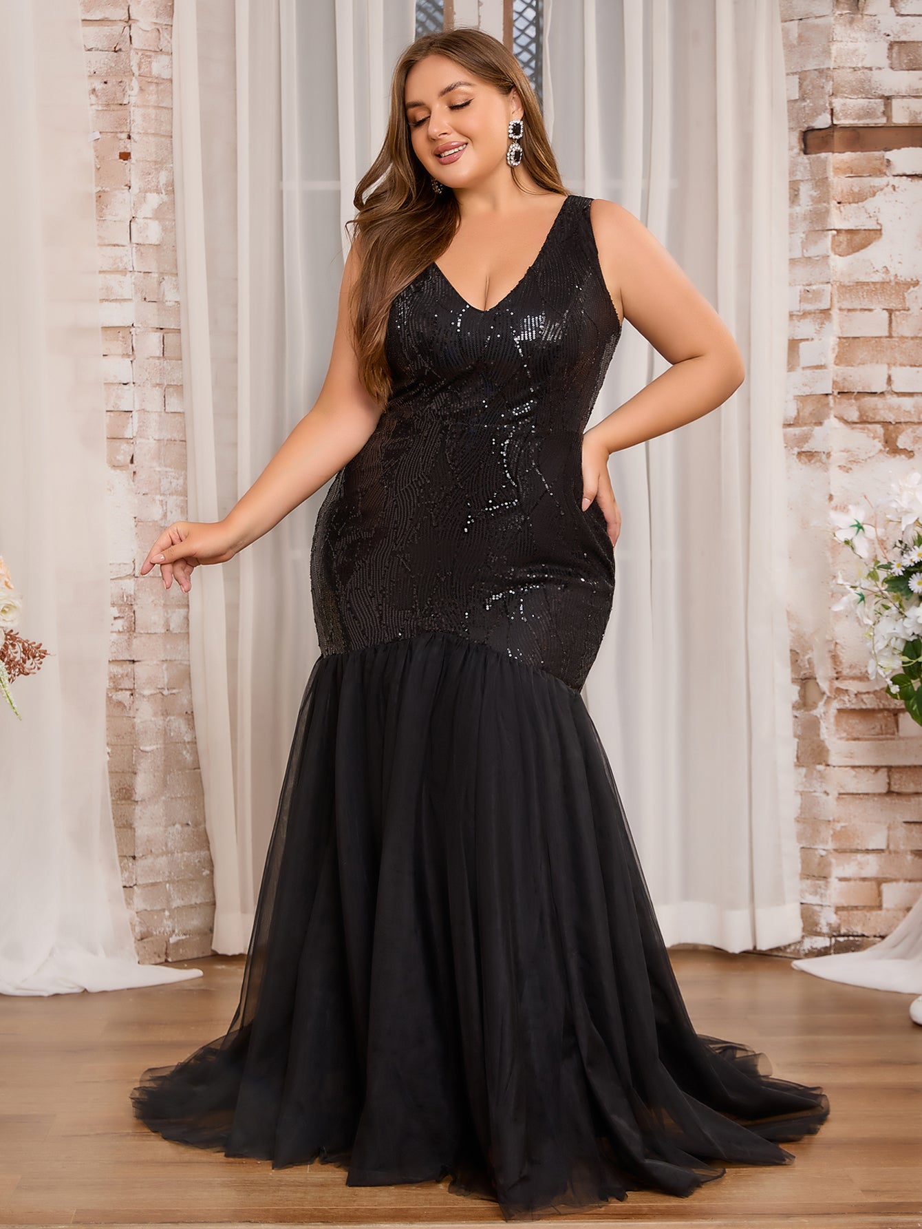 Women Plus Size Elegant Sequins V-neck Formal Maxi Mermaid Evening Dre –  DolphinBanana