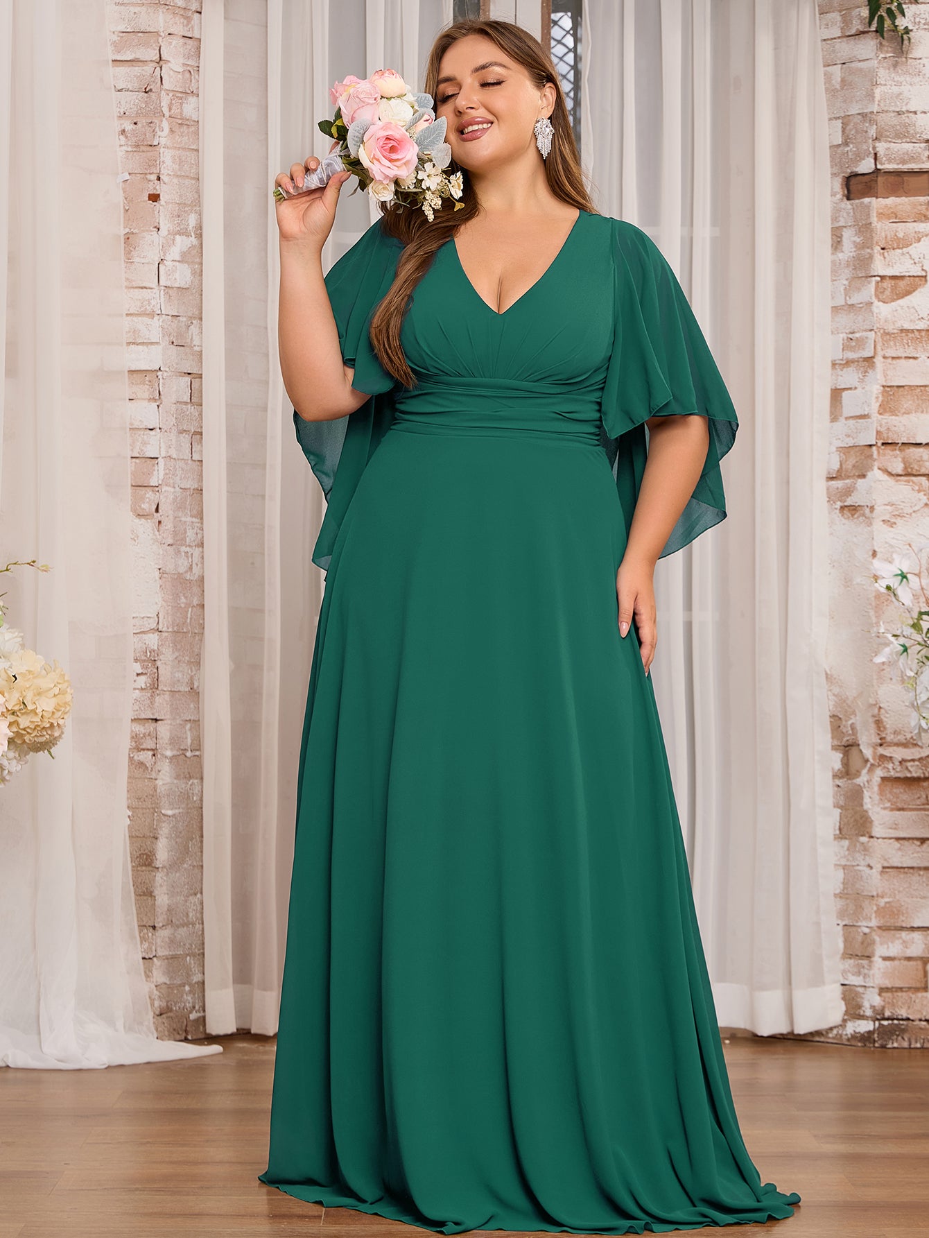 Women Plus Size Elegant V-neck Ruffle Bridesmaid Dresses Mother of Bri   DolphinBanana