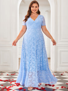 Women Plus Size Floral Lace V-neck Short Sleeve Long Maxi Dresses   DolphinBanana