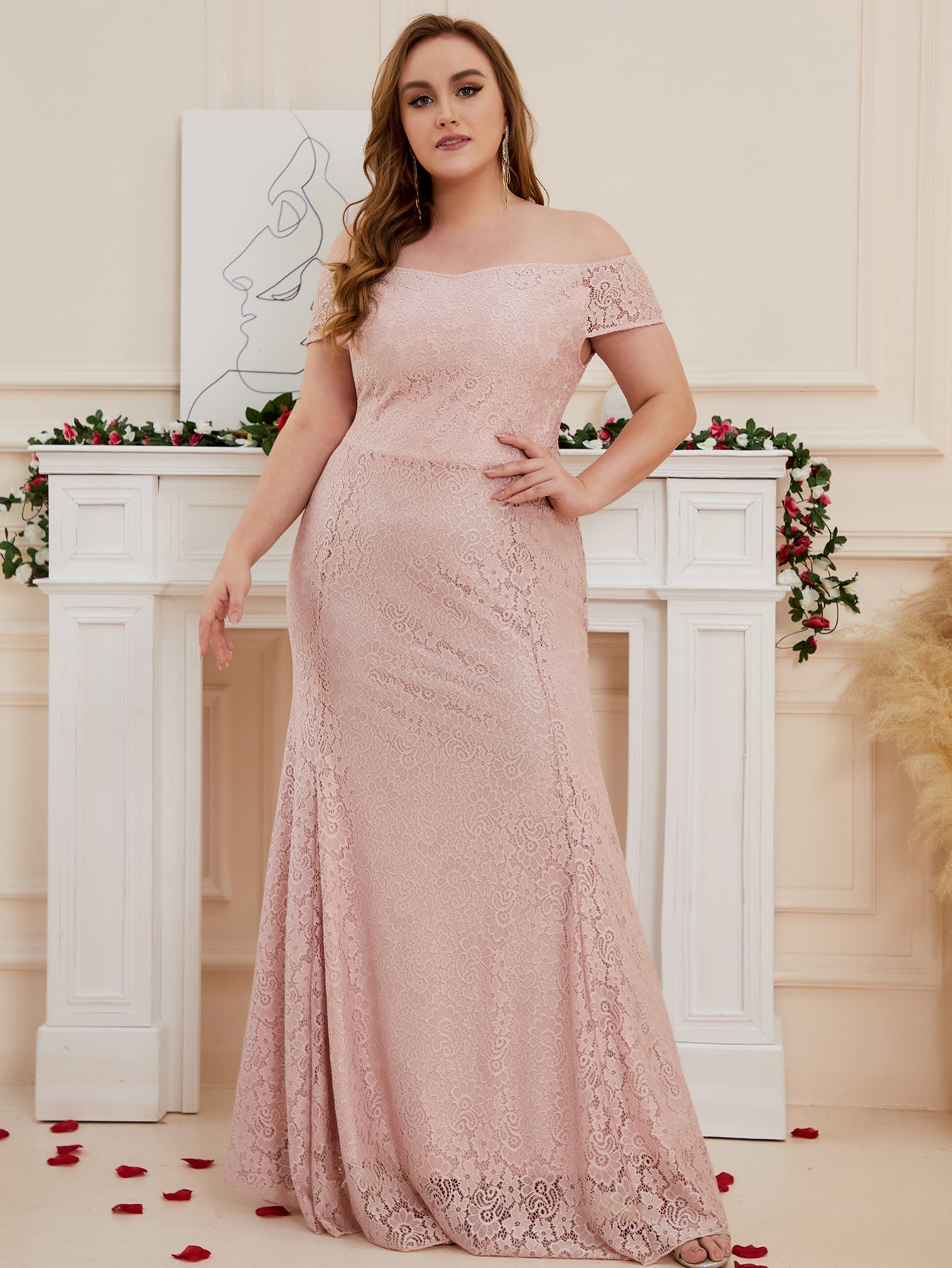 Women Plus Size Floral Lace Off the Shoulder Maxi Evening Dresses Floo –  DolphinBanana