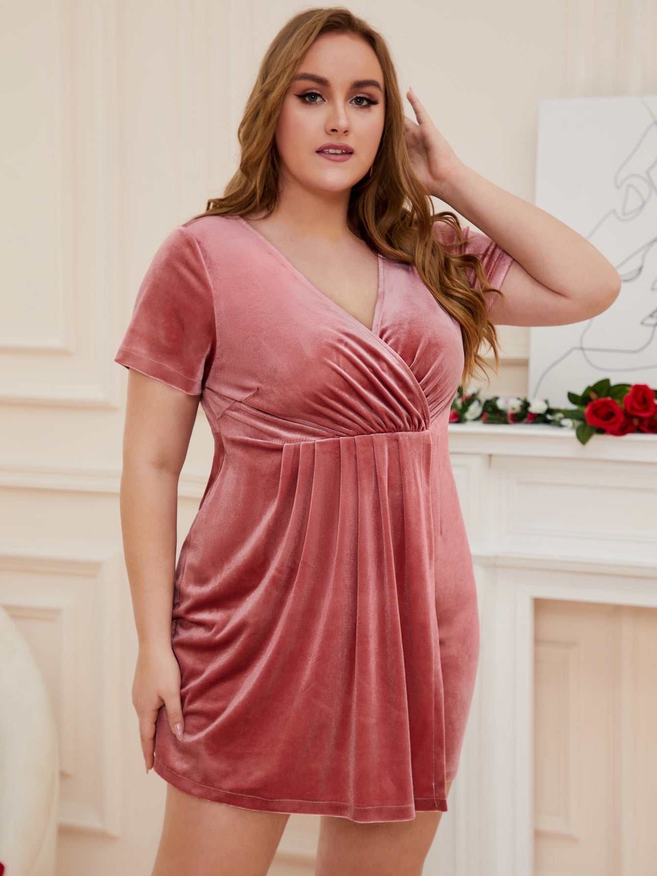 Women Plus Size Velvet V-neck Short Sleeve Cocktail Dresses Casual Party Wedding Guest Mini Length Fashion Faux Wrap Skirt – DolphinBanana