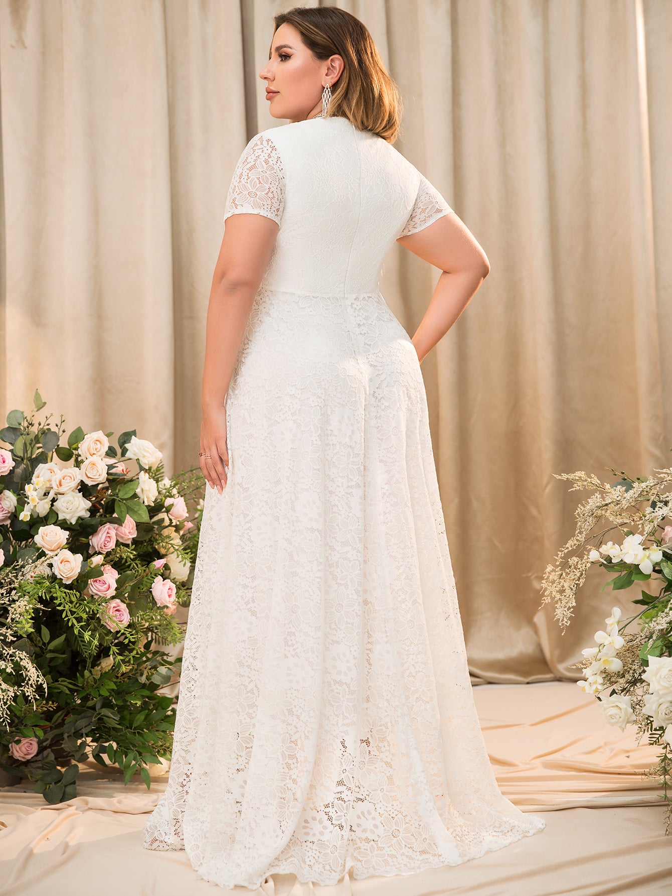 Women Plus Size Floral Lace V-neck Short Sleeve Long Maxi Dresses – DolphinBanana